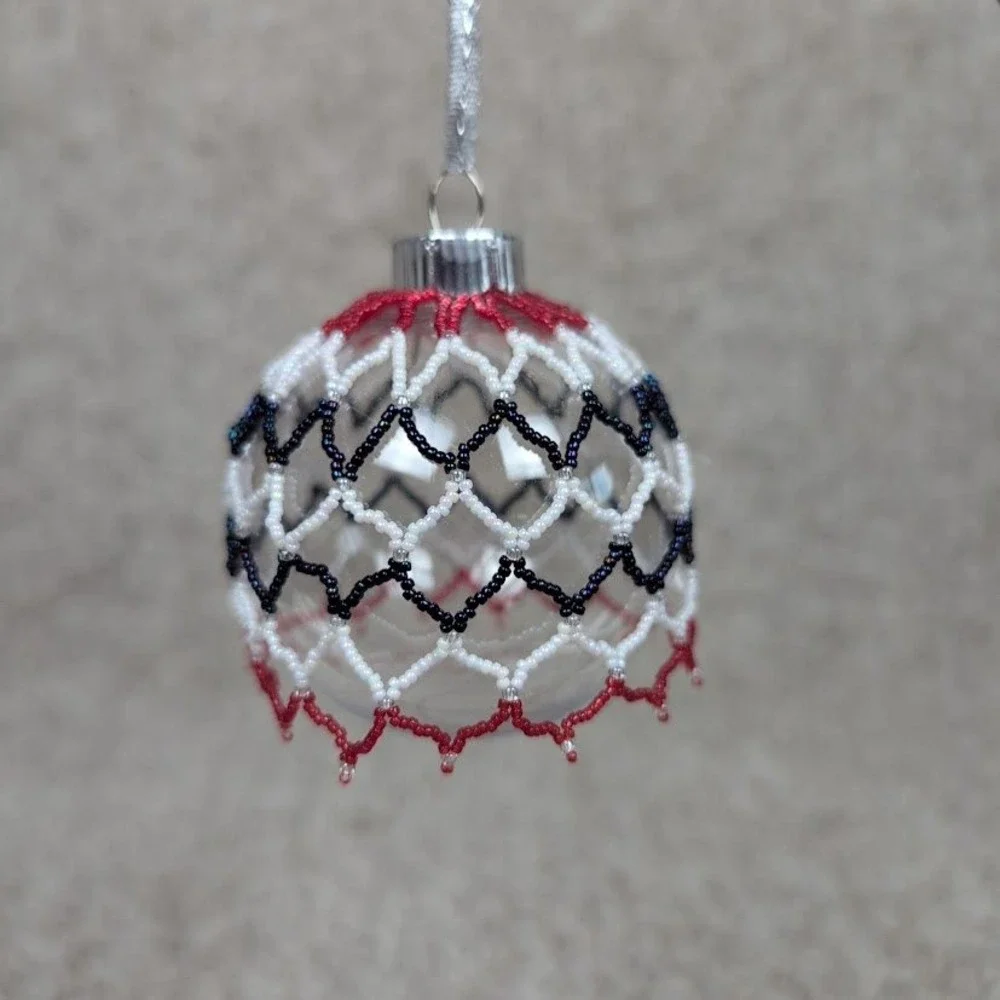 Handmade Beaded Christmas Ornament Ball Red White Blue Festive Holiday Decor